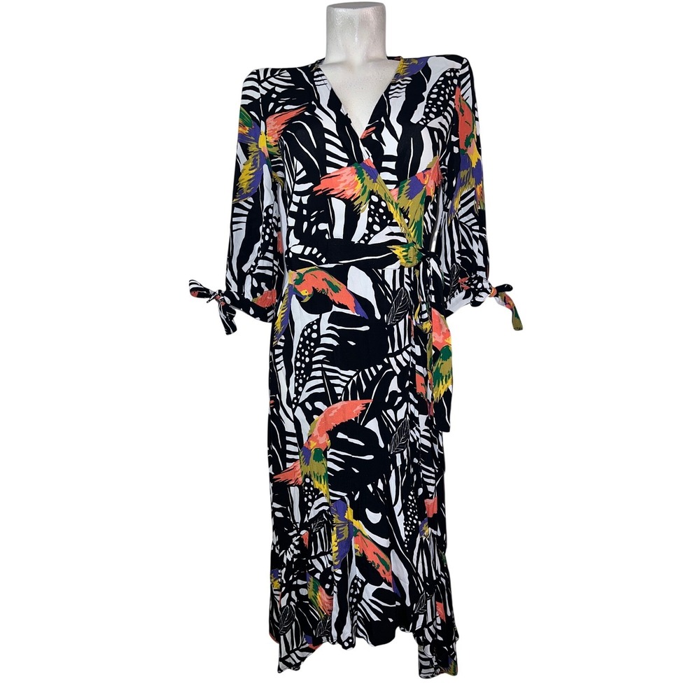 Banana Republic Small Black White Tropical Parrot Wrap Maxi Dress VN 120006